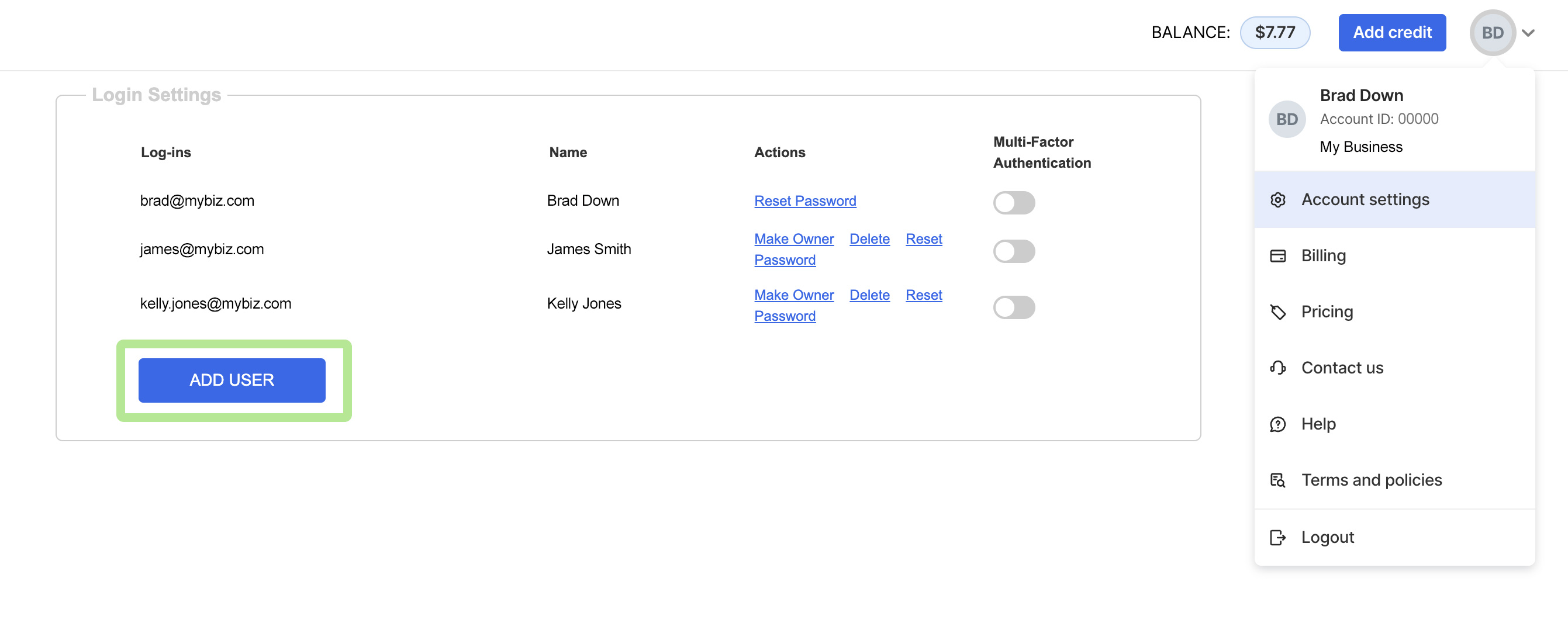 Account Settings - Add User