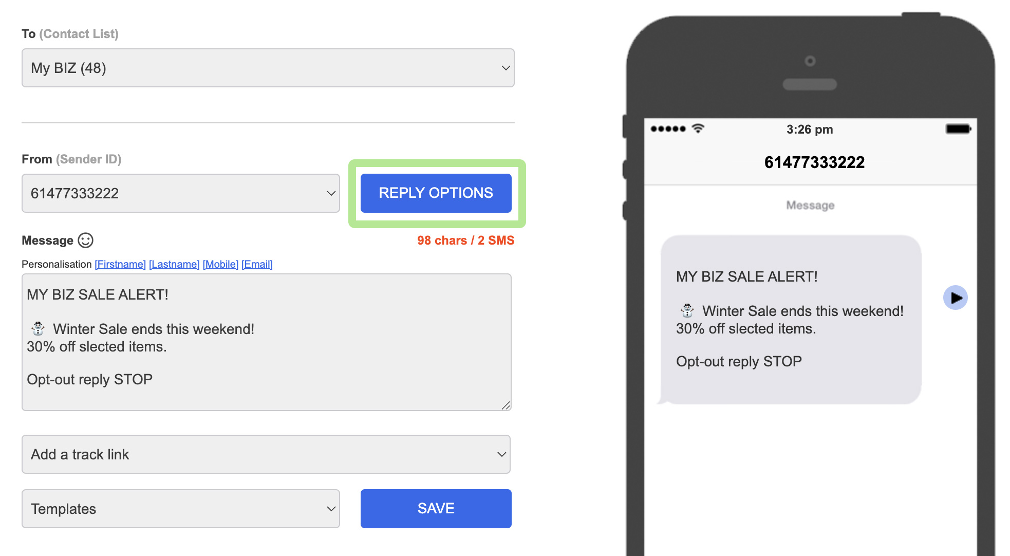 Send SMS - Reply Options Button