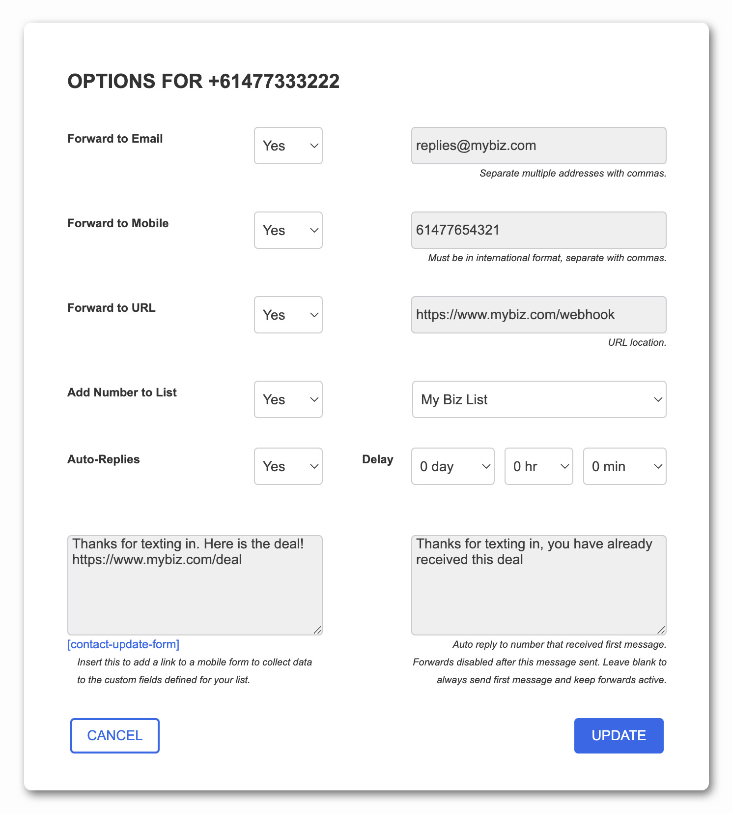 Send SMS - Reply Options Modal White