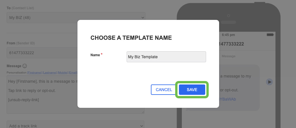 Messaging Send SMS Templates Save Select