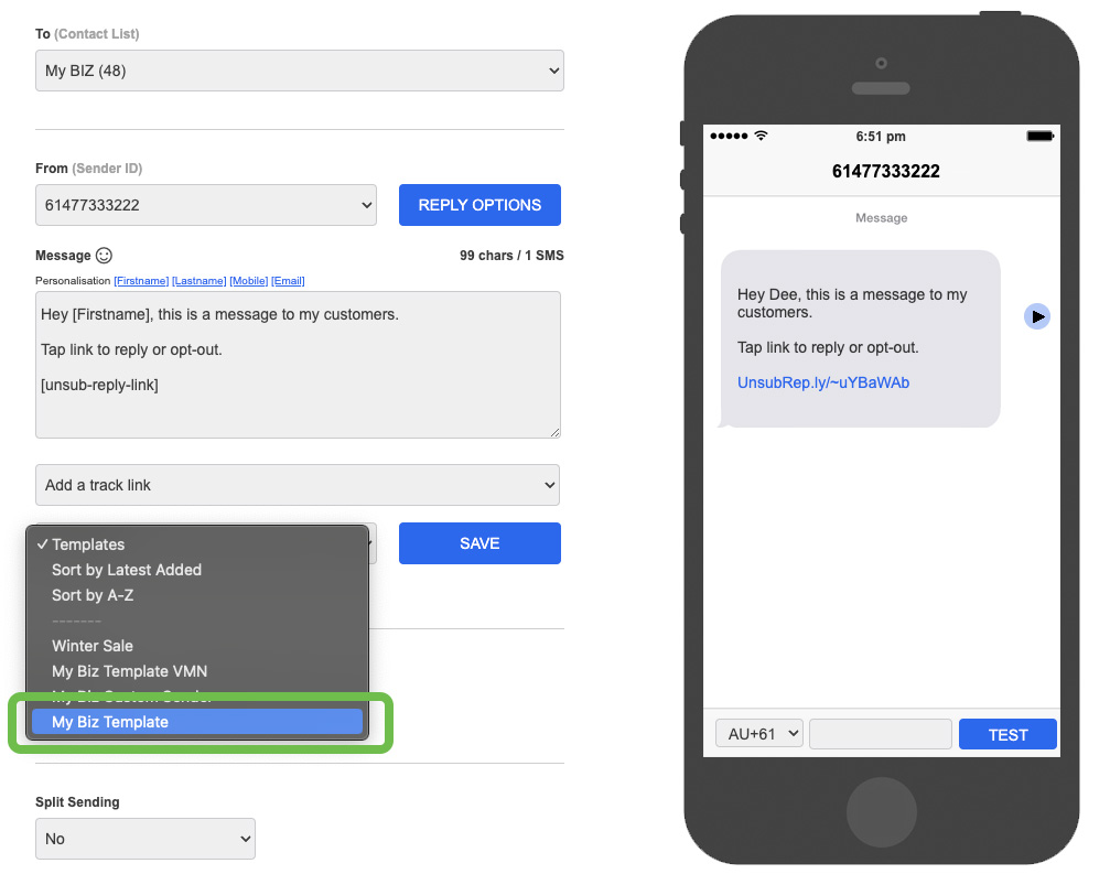Messaging Send SMS Templates Select