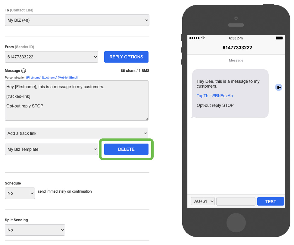 Messaging Send SMS Templates Delete
