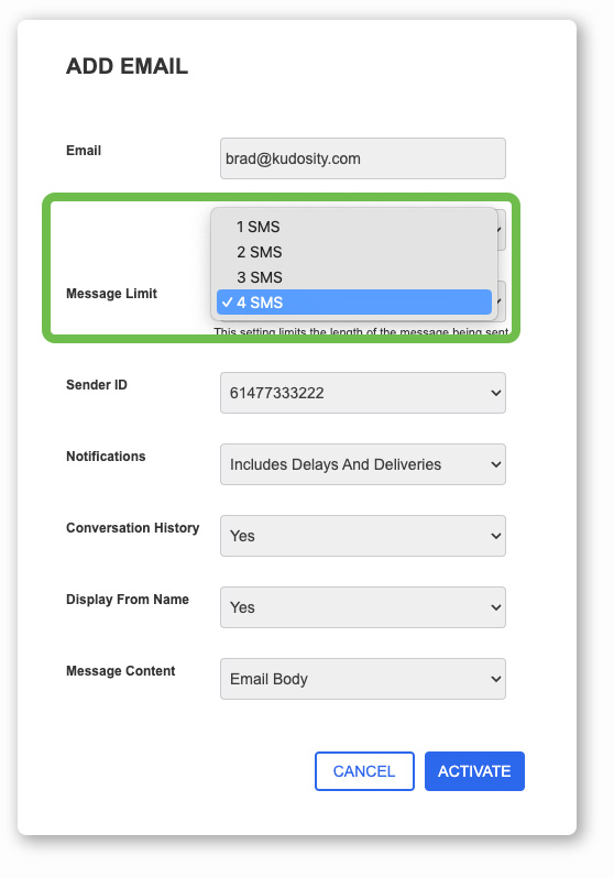 Email SMS Settings Message Length