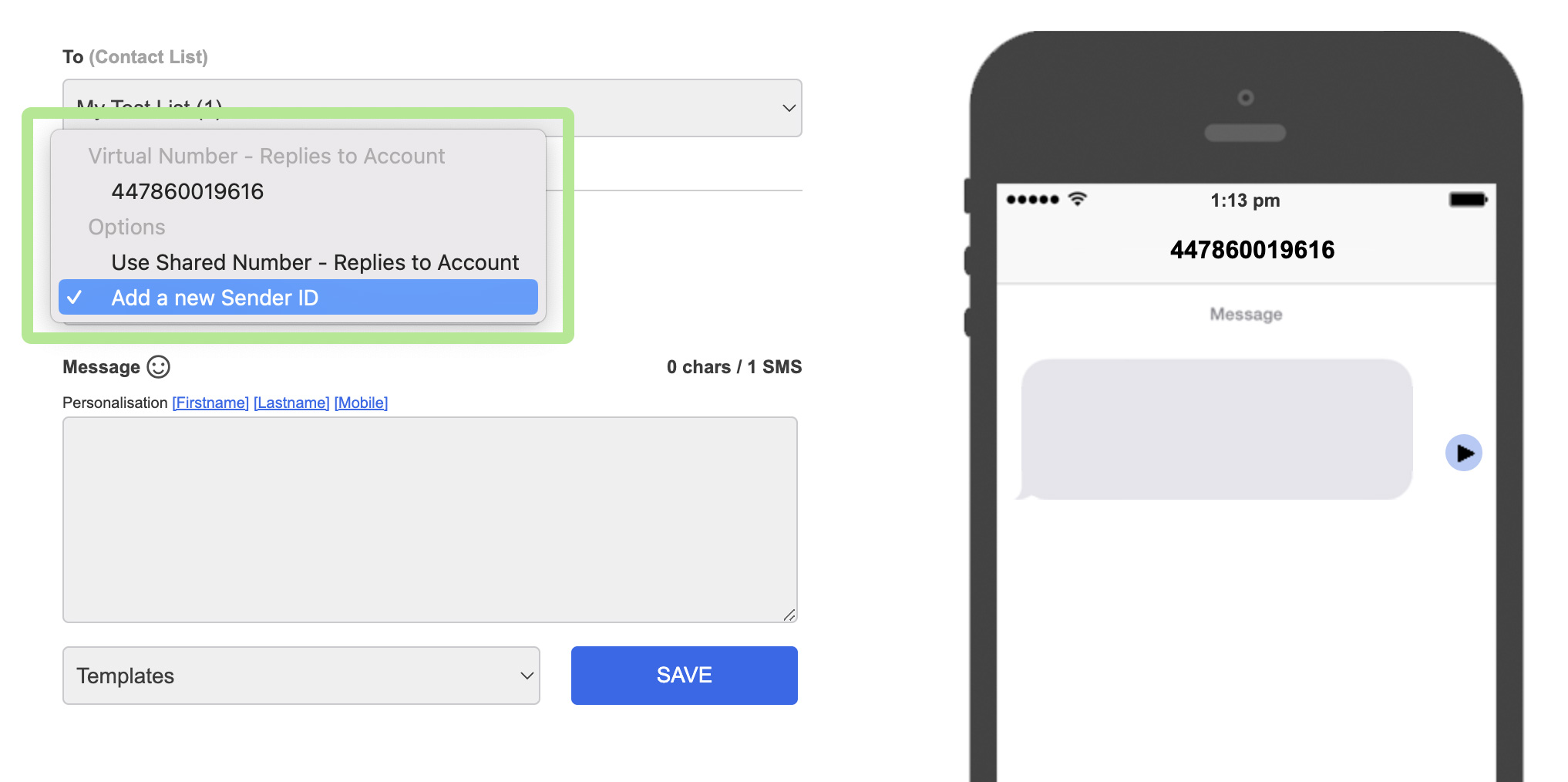 Send SMS - Add Sender