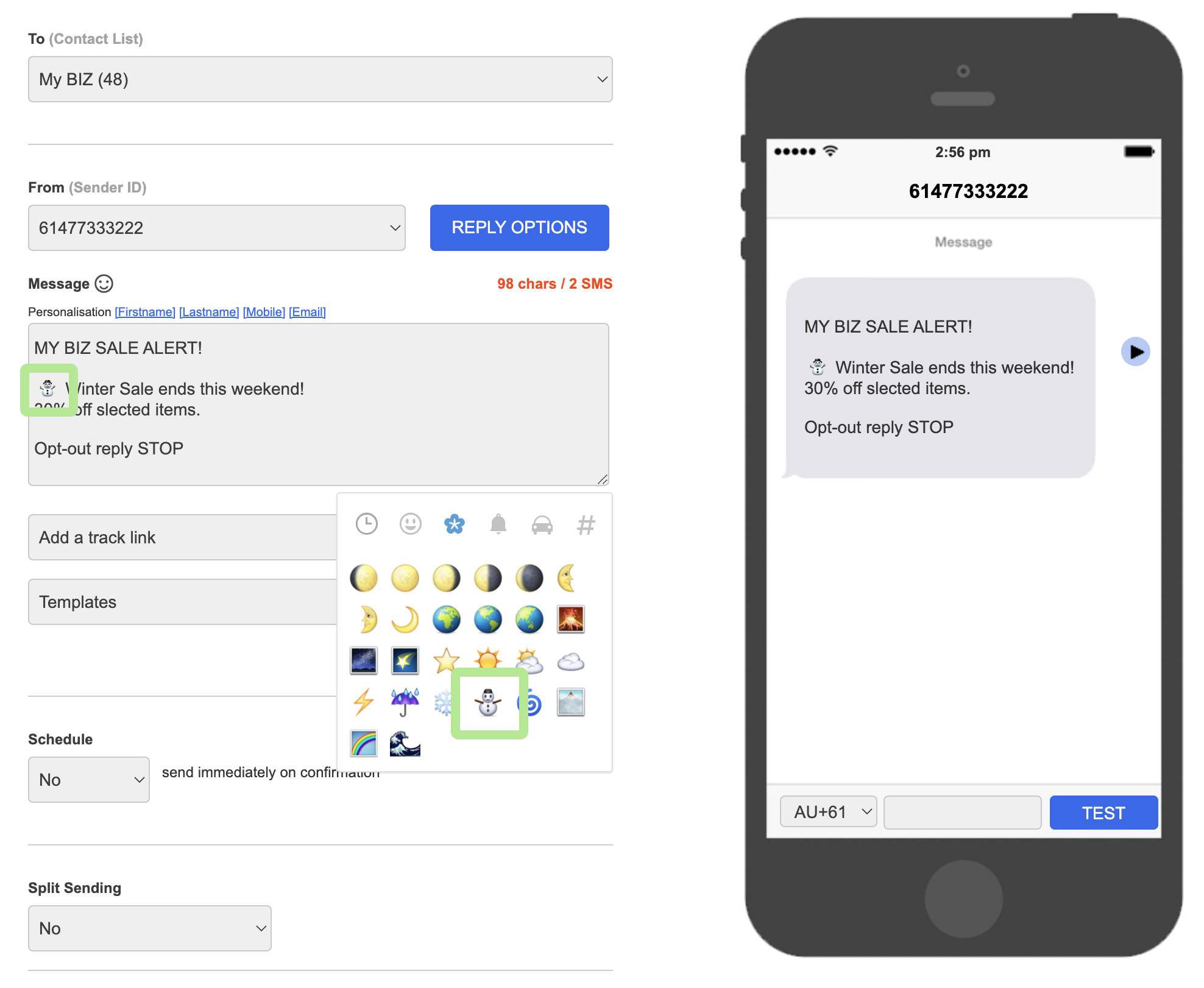 Send SMS - Emoji Select