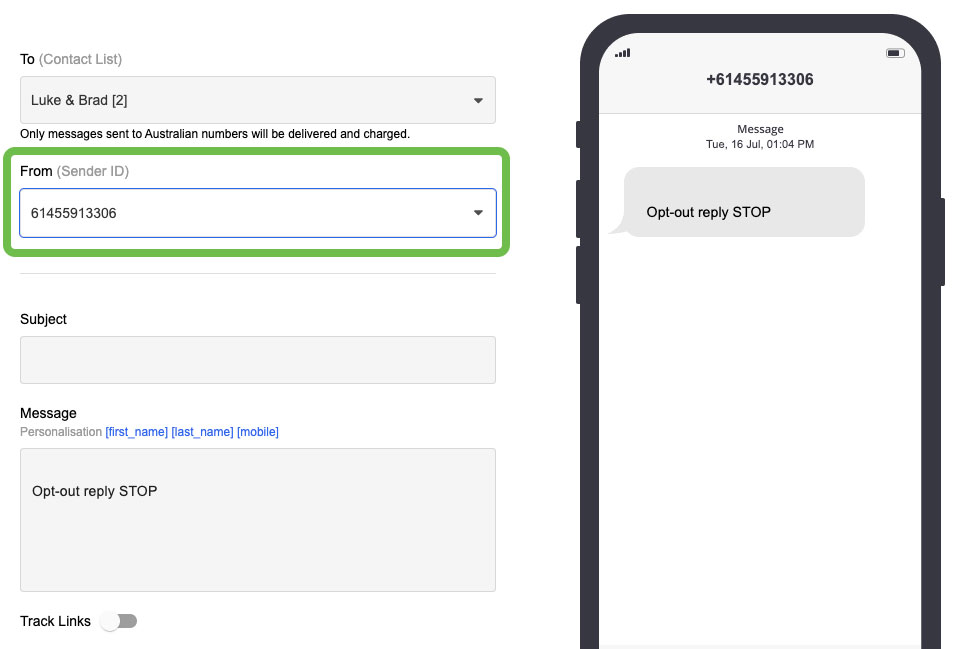 Send MMS - Sender ID Select