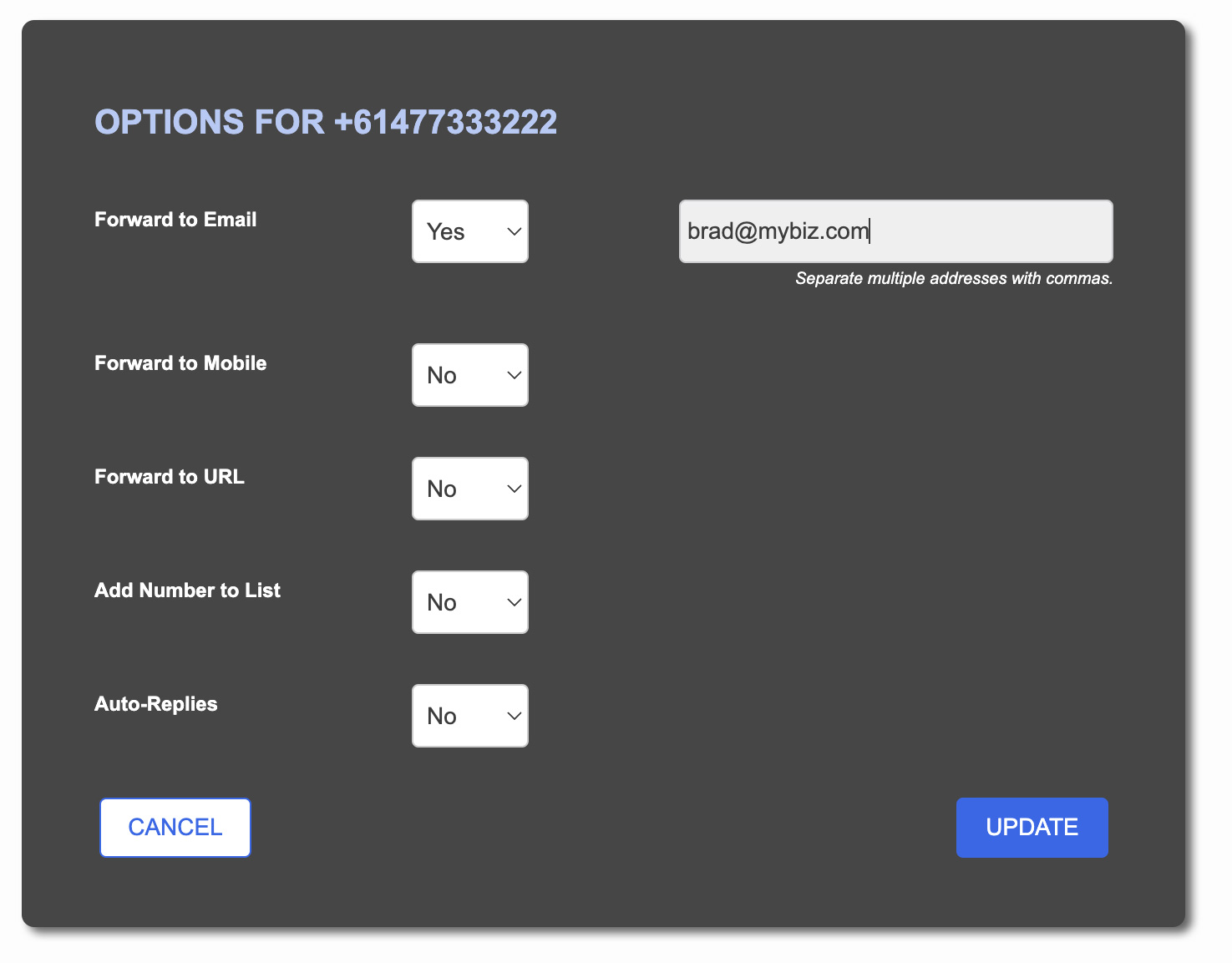 Send SMS - Reply Options Modal Email Forward