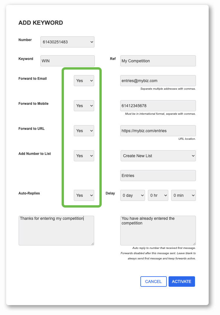 Keywords Settings Modal